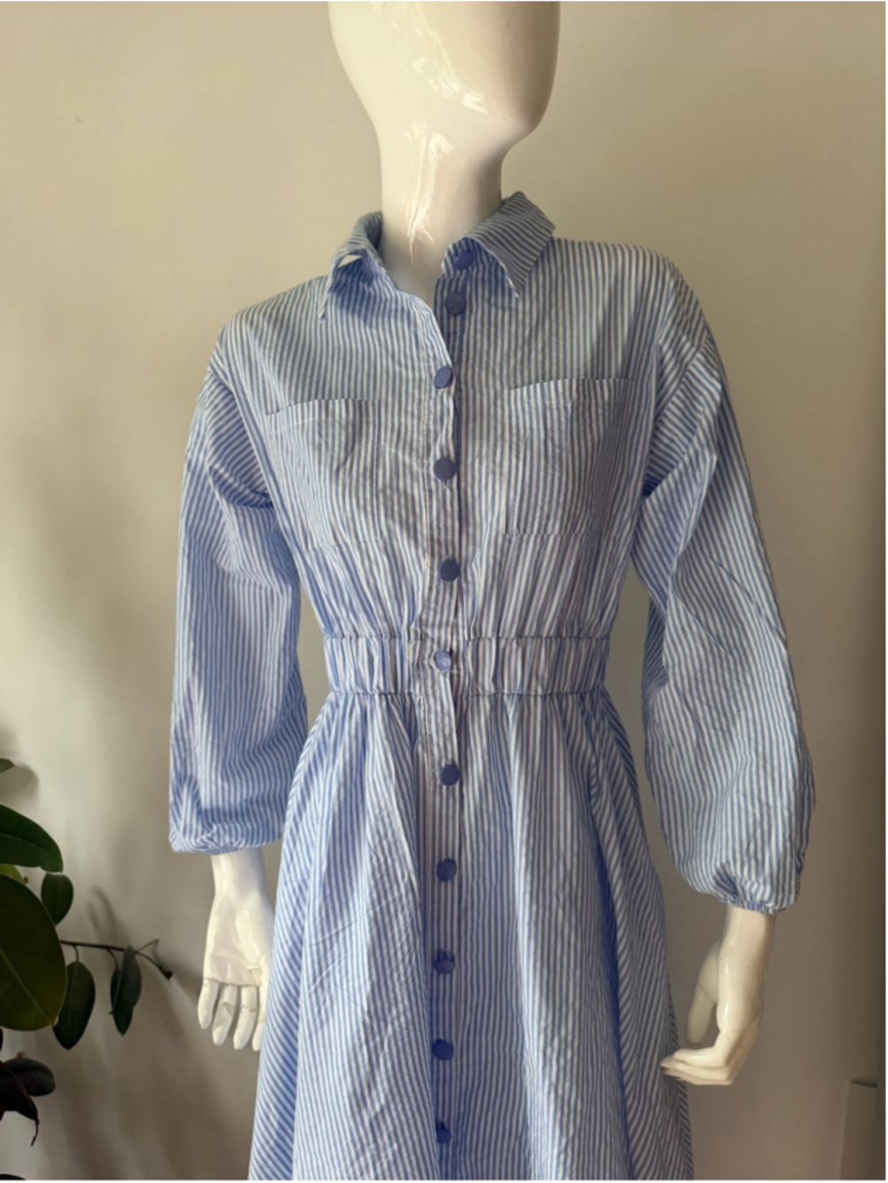 Blue White Striped Button Front Maxi Shirt Dress Elastic Waist - Picture 8 of 9
